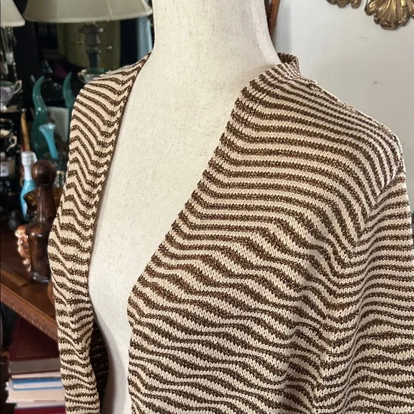 Gold Metallic & Cream Stripped Open Sweater Cardigan Duster - Picture 3 of 10
